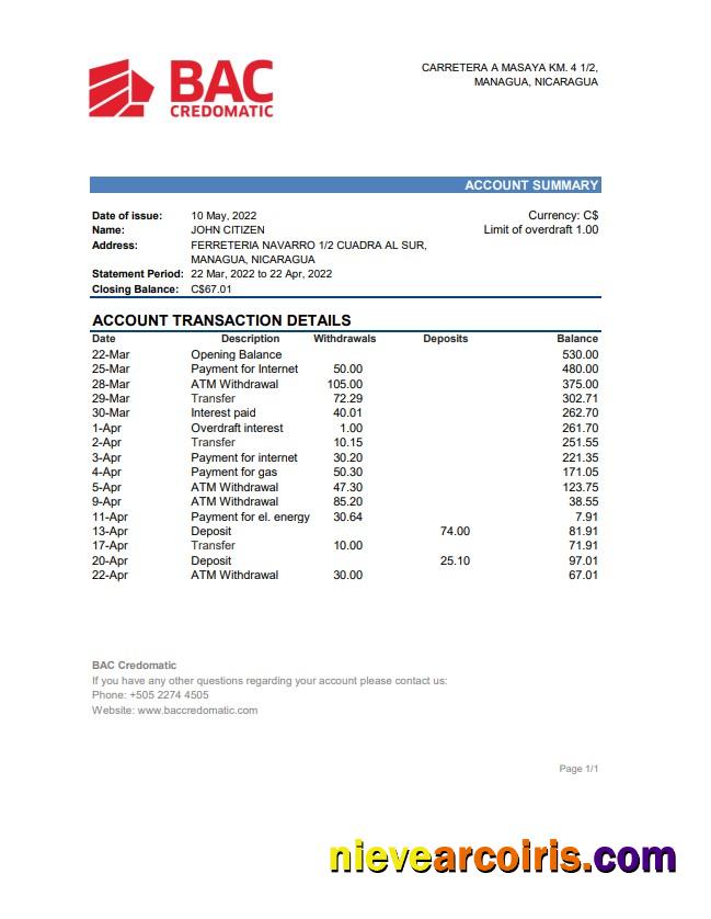 Nicaragua BAC Credomatic bank statement